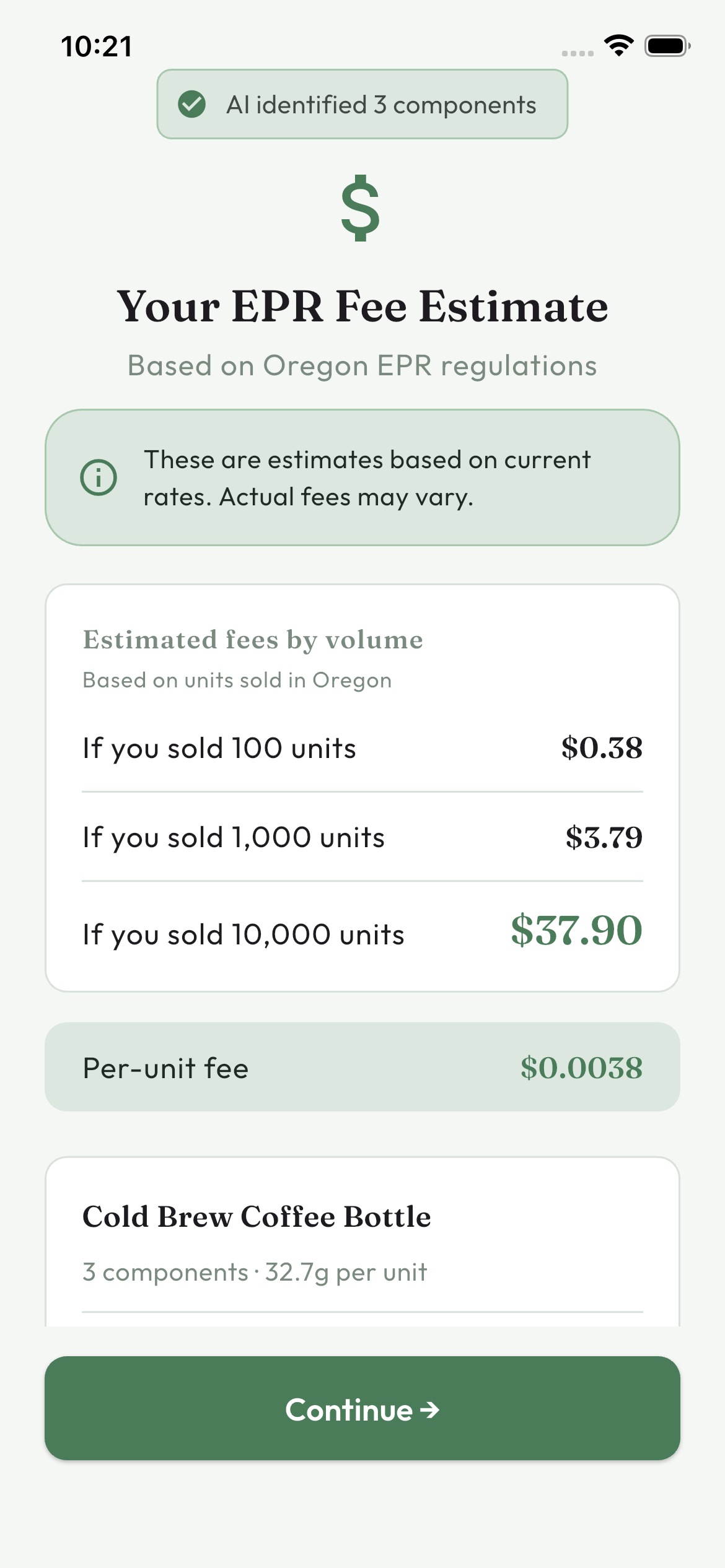 Fee estimate screen